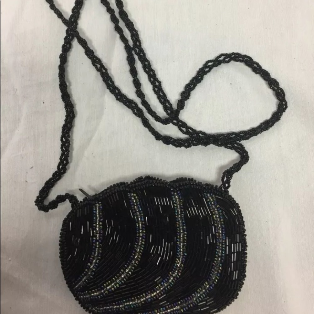 Beaded Change Purse Black W/ Beaded Shoulder Strap